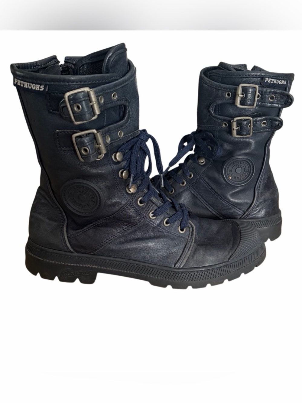 Pataugas black leather moto style buckle boots, side zip, lace up , sz 38/5/7.5.